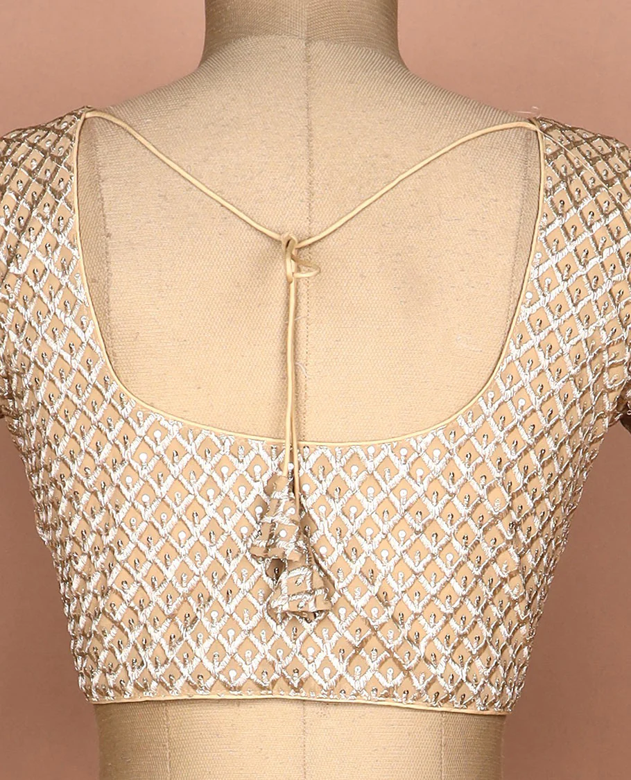 Sandal thread and sequins argyle design embroidered round neck elbow sleeve raw silk readymade blouse - Image 4