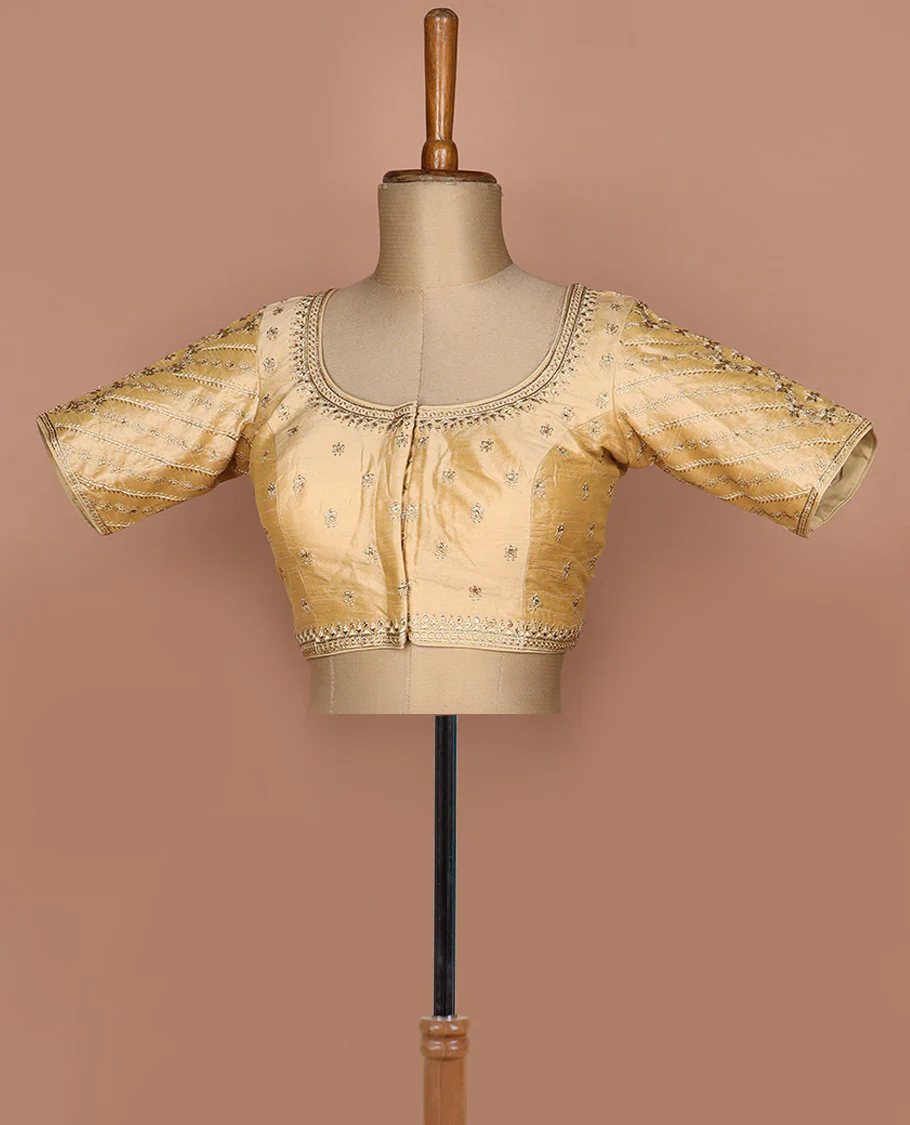 Sandal thread embroidered round neck elbow sleeve raw silk readymade blouse
