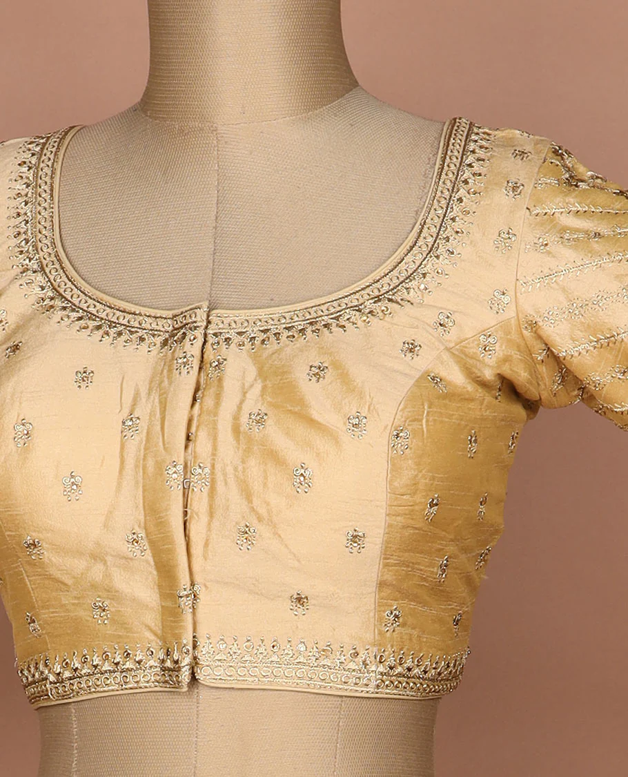 Sandal thread embroidered round neck elbow sleeve raw silk readymade blouse - Image 2