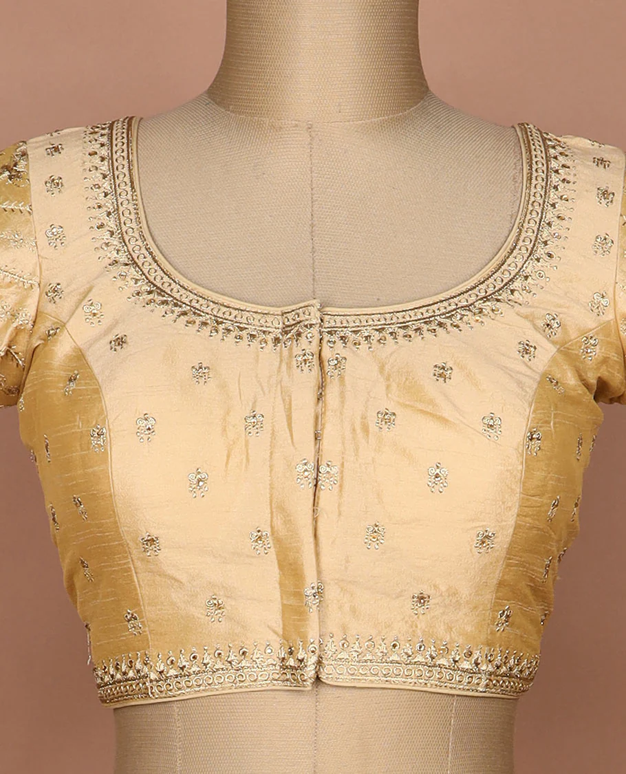 Sandal thread embroidered round neck elbow sleeve raw silk readymade blouse - Image 3