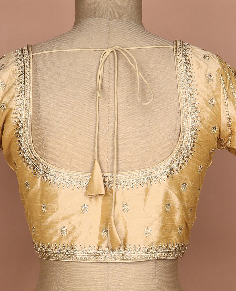 Sandal thread embroidered round neck elbow sleeve raw silk readymade blouse - Image 4