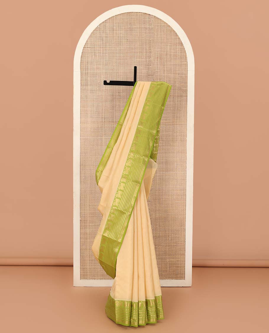 Sandal Vasundhara Lite Silk Mix Saree, contrast border of singam, kathir, and rudraksham designs, and jaal pallu