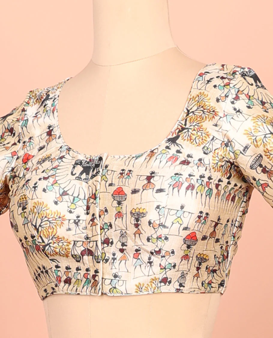 Sandal warli-village printed front-back round-neck elbow sleeve readymade blouse - Image 2