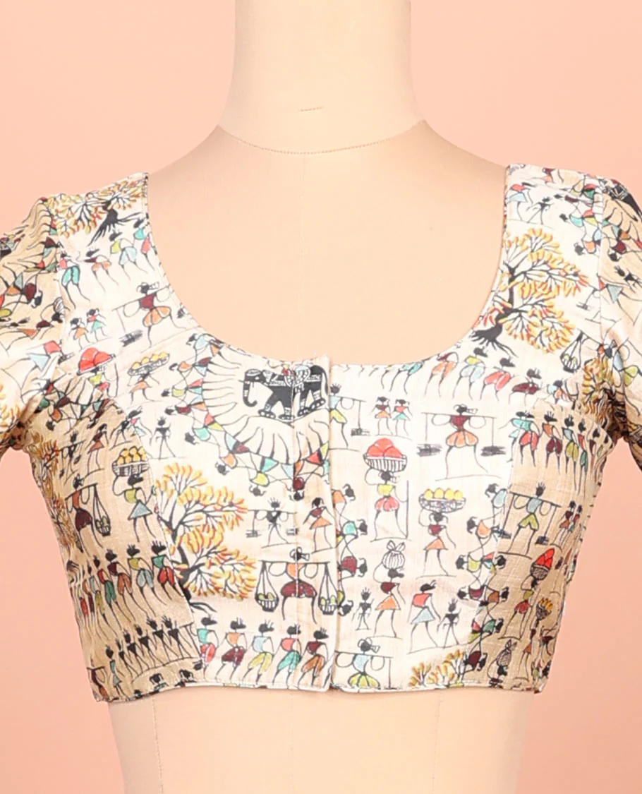 Sandal warli-village printed front-back round-neck elbow sleeve readymade blouse - Image 3