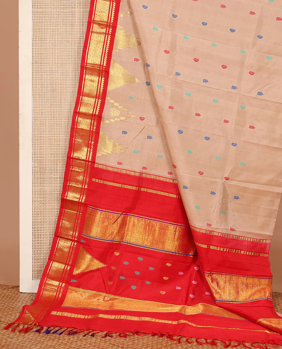 Sandal zari and thread buttas Kanchipuram silk saree, contrast one-sided korvai border of thikalam mokku, and jaal, and thazampoo rekku pallu - Image 3