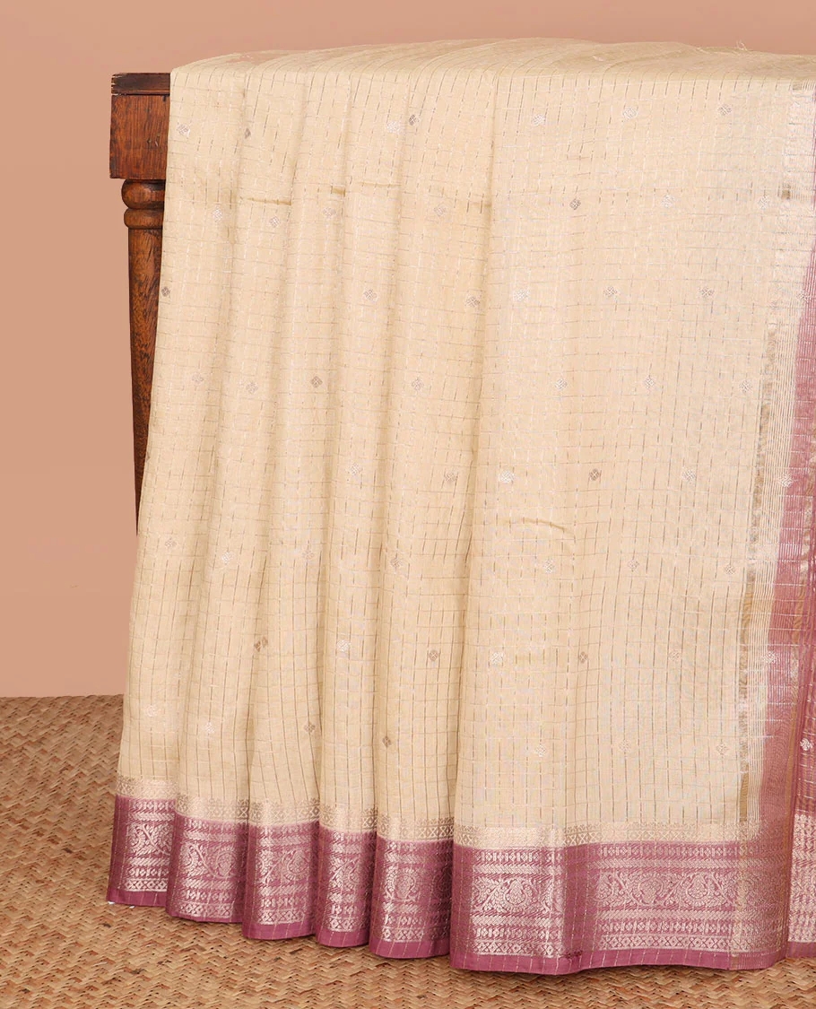 Sandal zari buttas and checked assam silk saree, contrast traditional zari design border, and zari design pallu