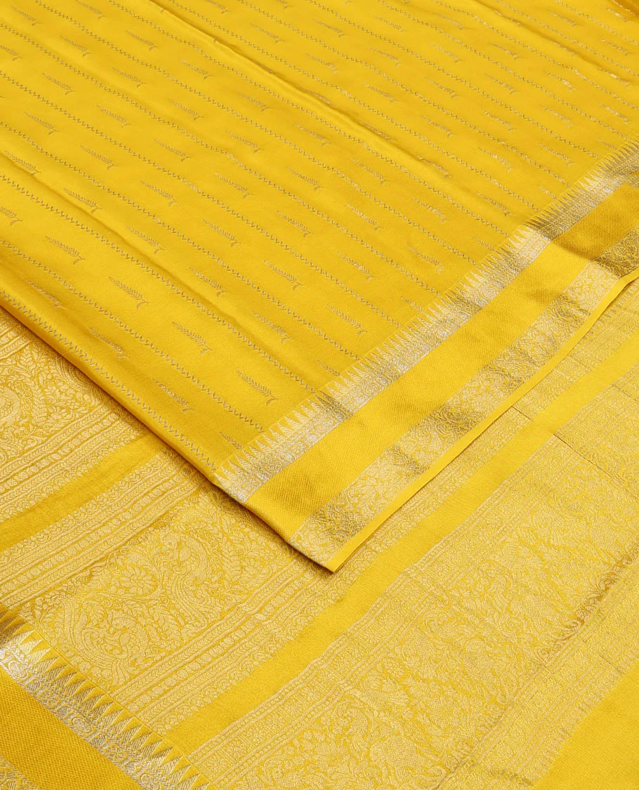 Sandal zari buttas and zig-zag striped crepe saree, traditional zari border, and pallu of traditional design weave - Image 2