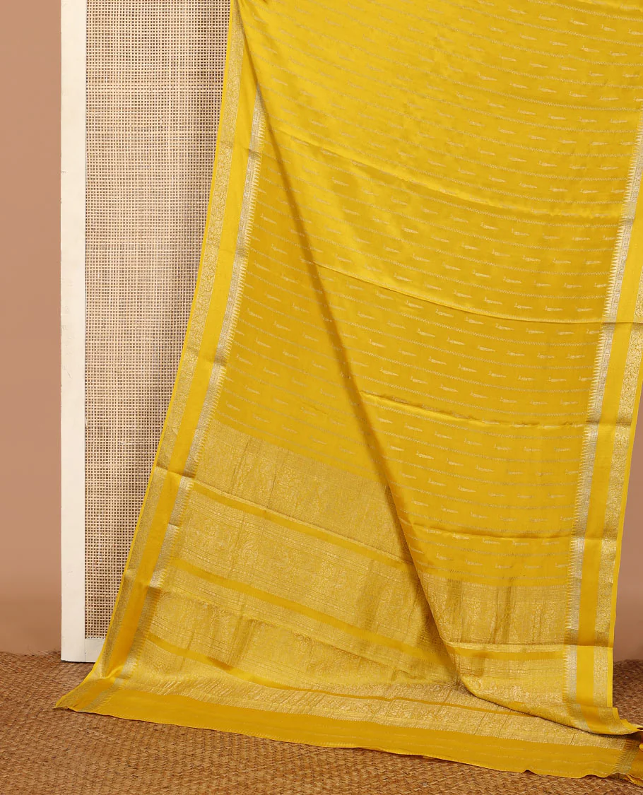 Sandal zari buttas and zig-zag striped crepe saree, traditional zari border, and pallu of traditional design weave - Image 3