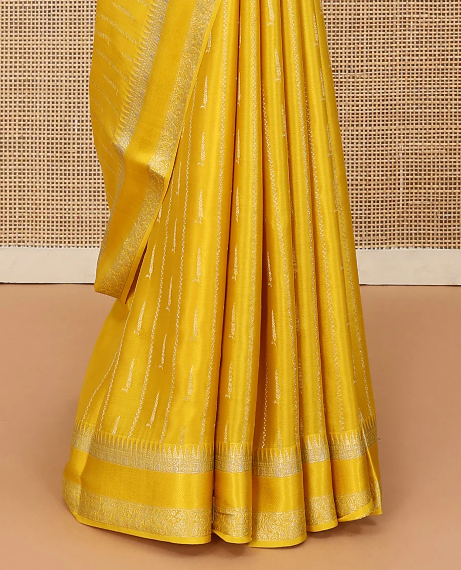 Sandal zari buttas and zig-zag striped crepe saree, traditional zari border, and pallu of traditional design weave - Image 5