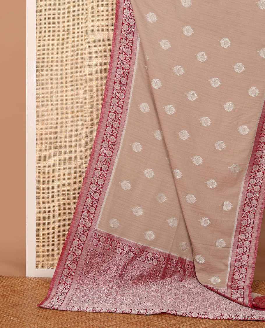 Sandal zari buttas fancy crepe saree, contrast floral creeper zari border & floral design pallu - Image 2