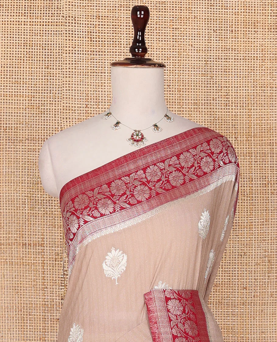Sandal zari buttas fancy crepe saree, contrast floral creeper zari border & floral design pallu - Image 3