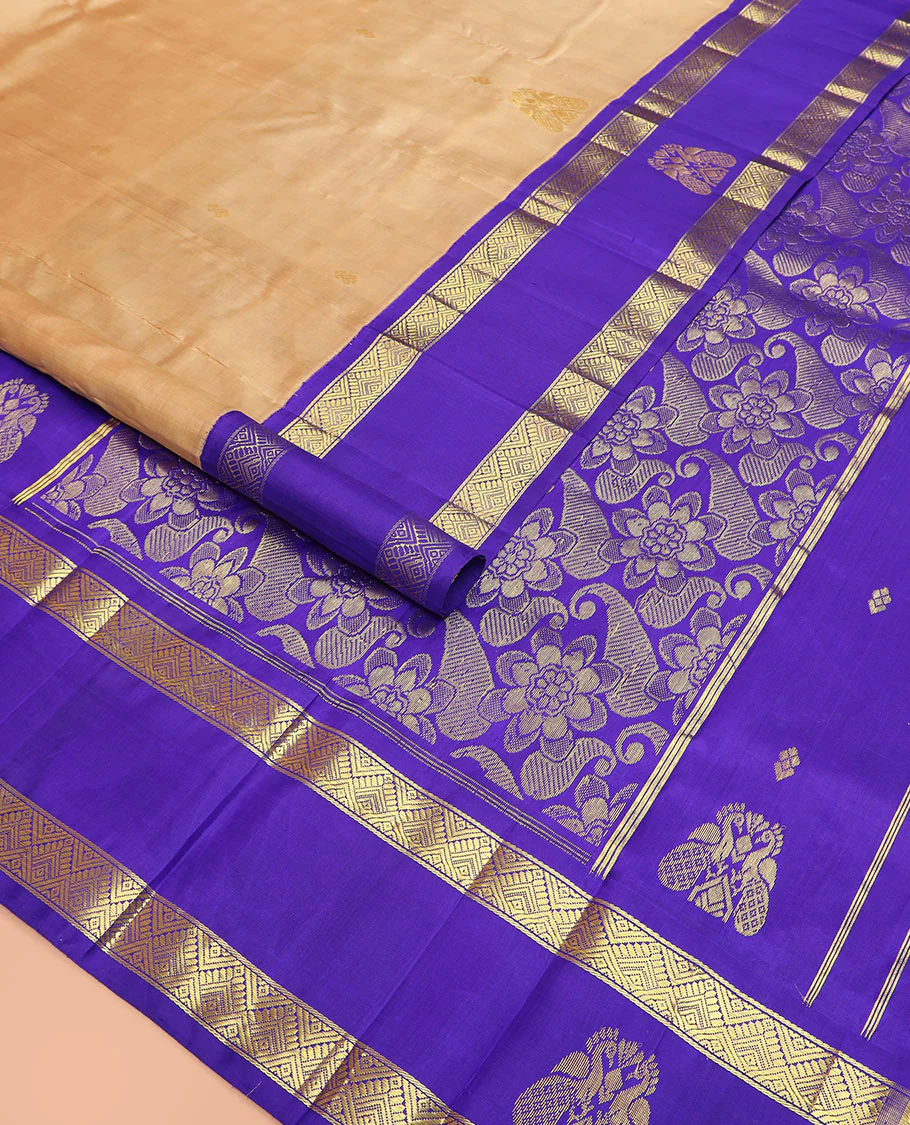 Sandal zari buttas Kanchipuram silk saree, contrast border of diamond, and mayil designs, and pallu of kamalam and manga designs - Image 2