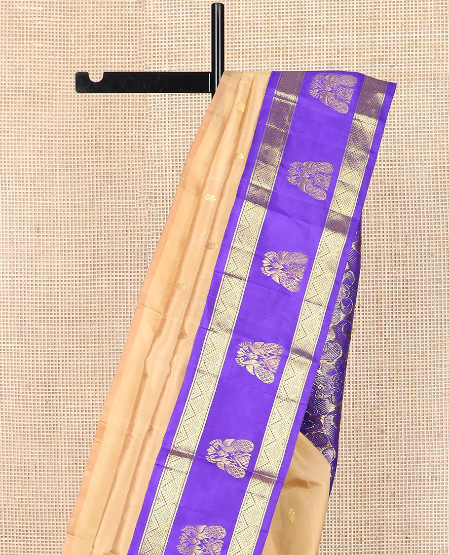 Sandal zari buttas Kanchipuram silk saree, contrast border of diamond, and mayil designs, and pallu of kamalam and manga designs - Image 3