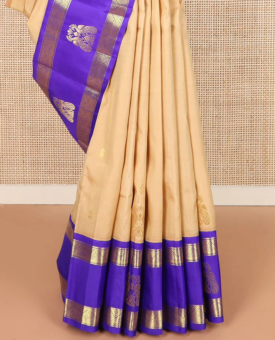 Sandal zari buttas Kanchipuram silk saree, contrast border of diamond, and mayil designs, and pallu of kamalam and manga designs - Image 4