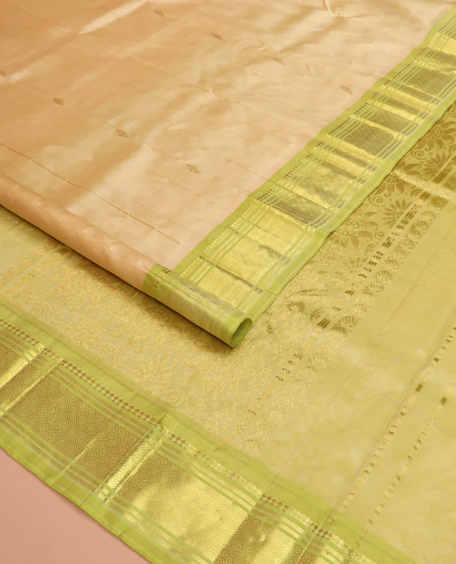 Sandal zari buttas Kanchipuram silk saree, contrast one-sided border of paneer sombu, banaras, and jaal designs, and pallu of floral designs - Image 2