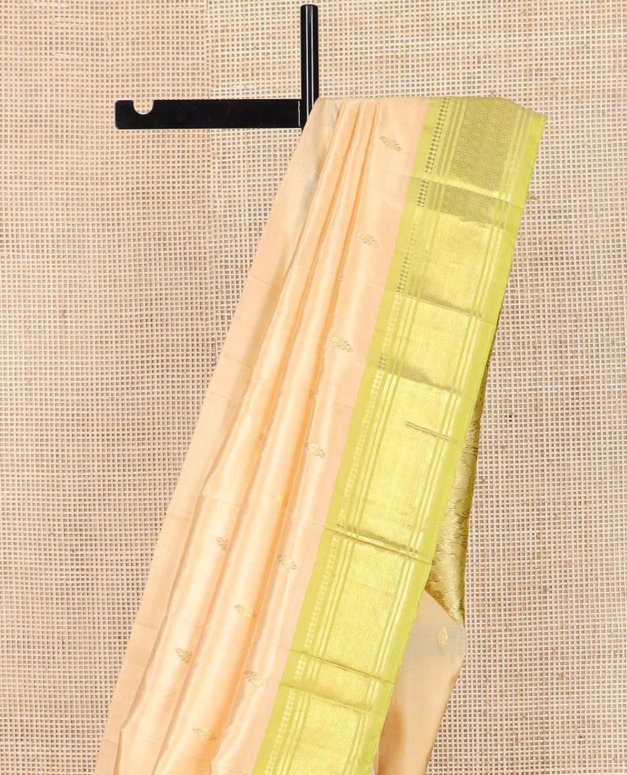 Sandal zari buttas Kanchipuram silk saree, contrast one-sided border of paneer sombu, banaras, and jaal designs, and pallu of floral designs - Image 3