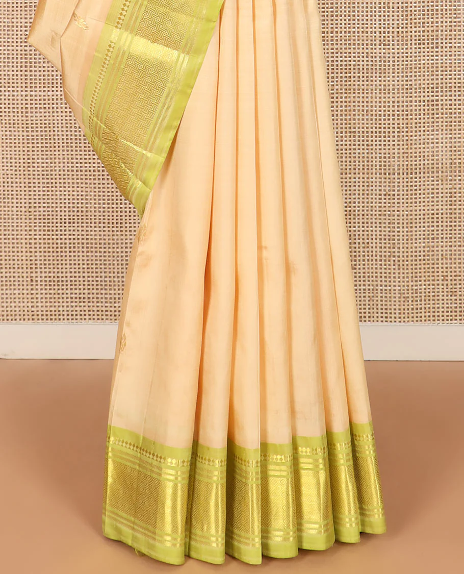 Sandal zari buttas Kanchipuram silk saree, contrast one-sided border of paneer sombu, banaras, and jaal designs, and pallu of floral designs - Image 4