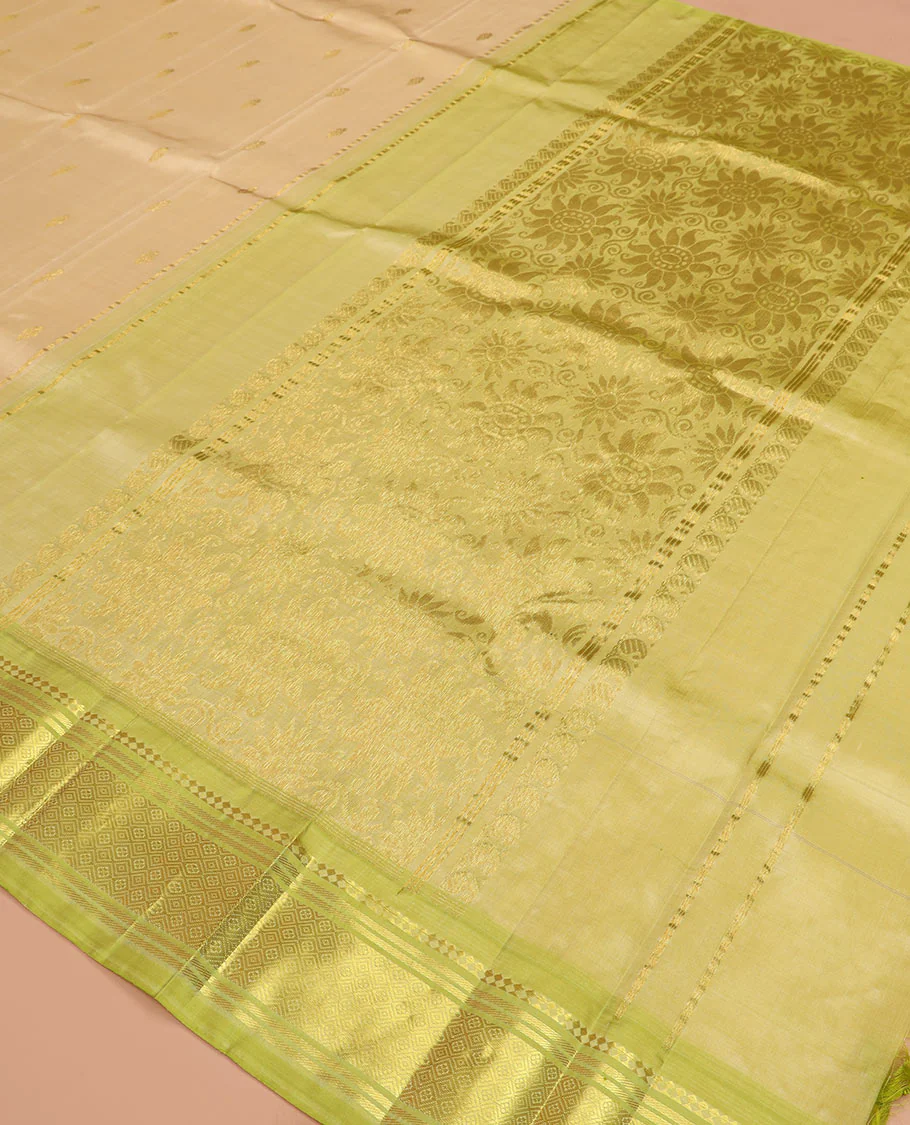 Sandal zari buttas Kanchipuram silk saree, contrast one-sided border of paneer sombu, banaras, and jaal designs, and pallu of floral designs - Image 5