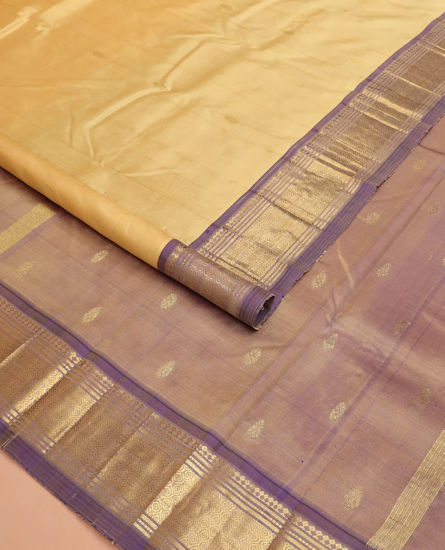 Sandal zari buttas Kanchipuram silk saree, contrast one-sided border of paneer sombu, banaras, muthu and then kuli kann designs, and pallu of zari designs - Image 2