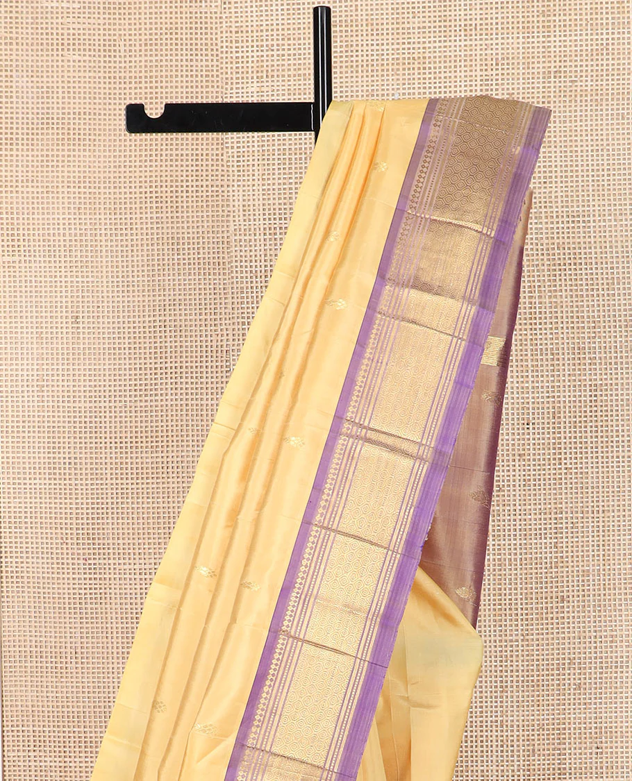 Sandal zari buttas Kanchipuram silk saree, contrast one-sided border of paneer sombu, banaras, muthu and then kuli kann designs, and pallu of zari designs - Image 3