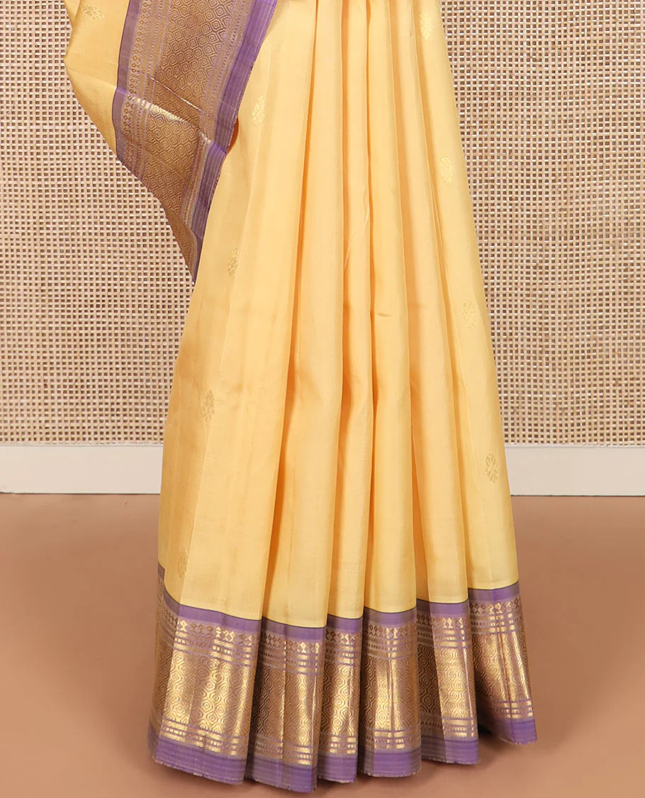 Sandal zari buttas Kanchipuram silk saree, contrast one-sided border of paneer sombu, banaras, muthu and then kuli kann designs, and pallu of zari designs - Image 4