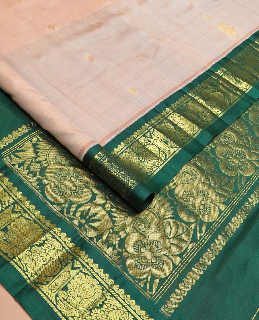 Sandal zari buttas Kanchipuram silk saree, contrast one-sided korvai border of thilakam mokku, and mayil designs, and floral design pallu - Image 2