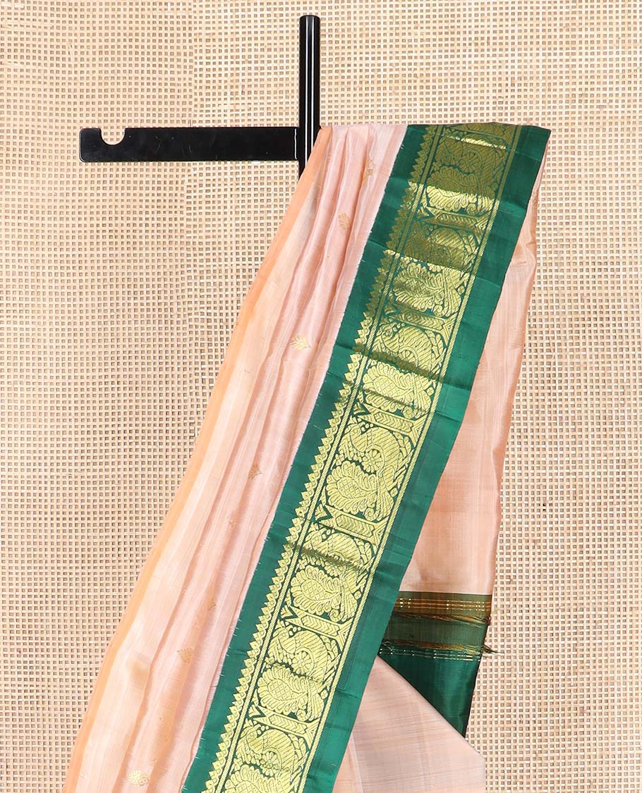 Sandal zari buttas Kanchipuram silk saree, contrast one-sided korvai border of thilakam mokku, and mayil designs, and floral design pallu - Image 3