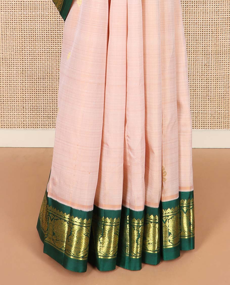 Sandal zari buttas Kanchipuram silk saree, contrast one-sided korvai border of thilakam mokku, and mayil designs, and floral design pallu - Image 4