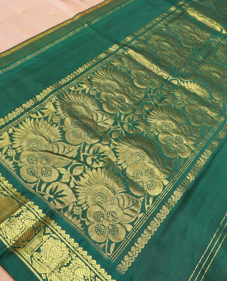 Sandal zari buttas Kanchipuram silk saree, contrast one-sided korvai border of thilakam mokku, and mayil designs, and floral design pallu - Image 5