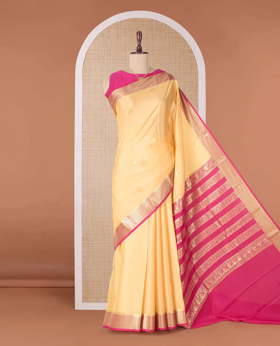 Yellow zari buttas Mysore silk saree, contrast jaal zari border, and pallu of floral creeper design in zari - Image 2