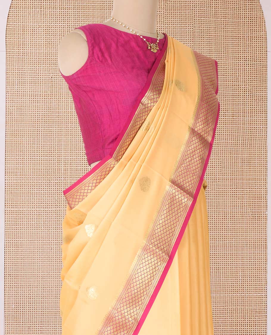 Yellow zari buttas Mysore silk saree, contrast jaal zari border, and pallu of floral creeper design in zari - Image 3