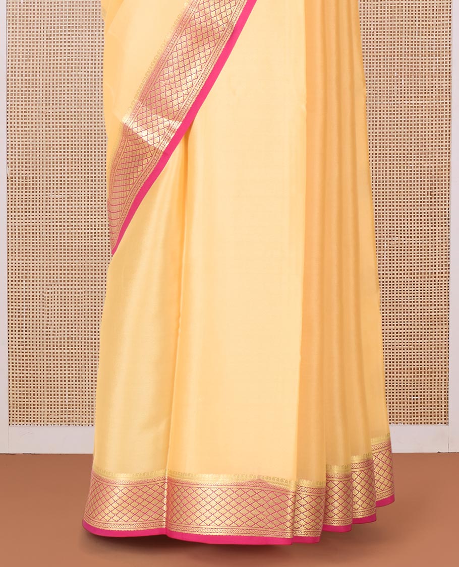 Yellow zari buttas Mysore silk saree, contrast jaal zari border, and pallu of floral creeper design in zari - Image 4