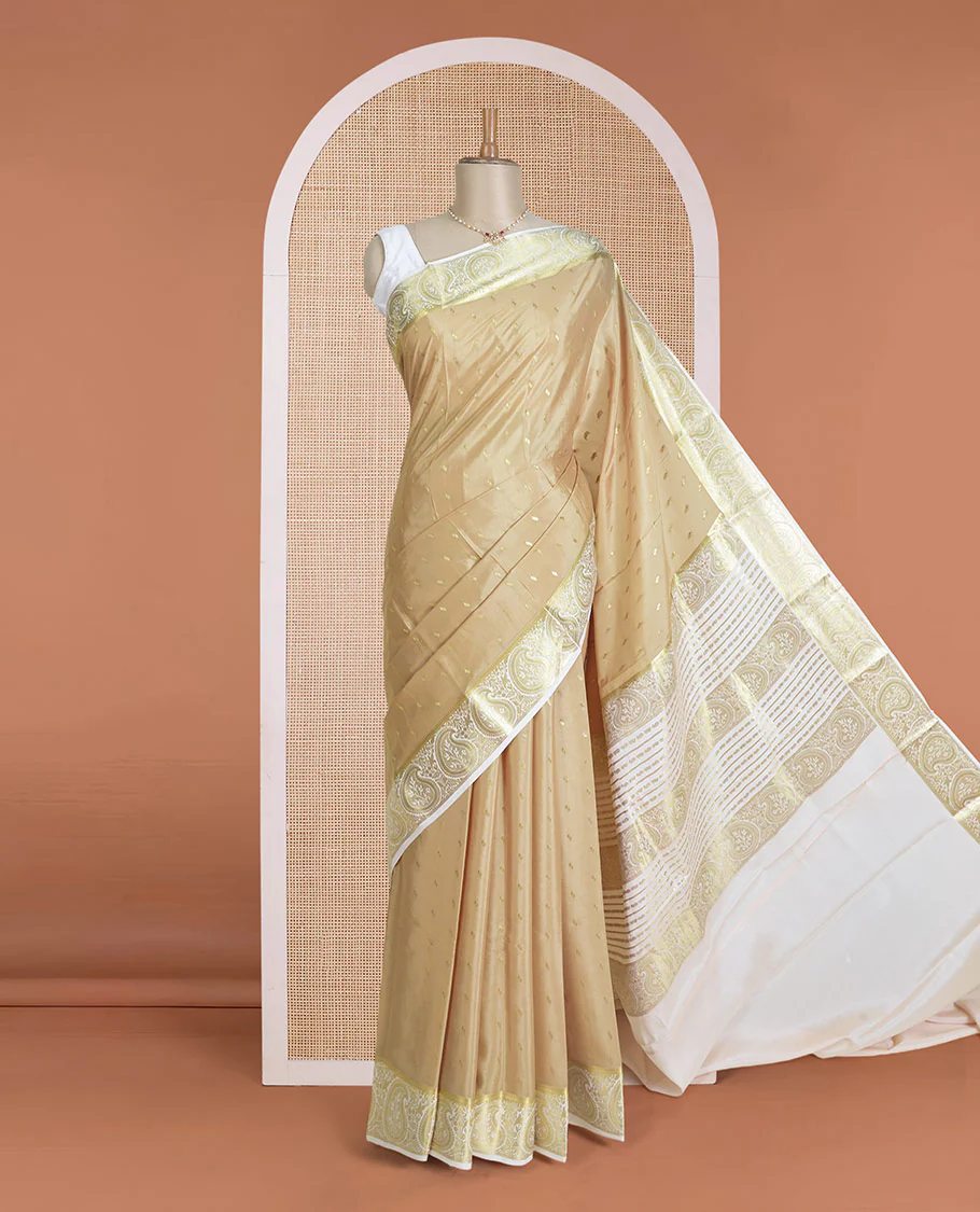 Sandal zari buttas Mysore silk saree, contrast paisley design zari border, and zari design pallu - Image 2