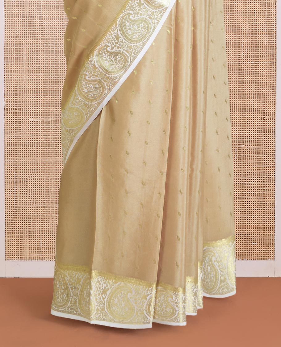 Sandal zari buttas Mysore silk saree, contrast paisley design zari border, and zari design pallu - Image 4
