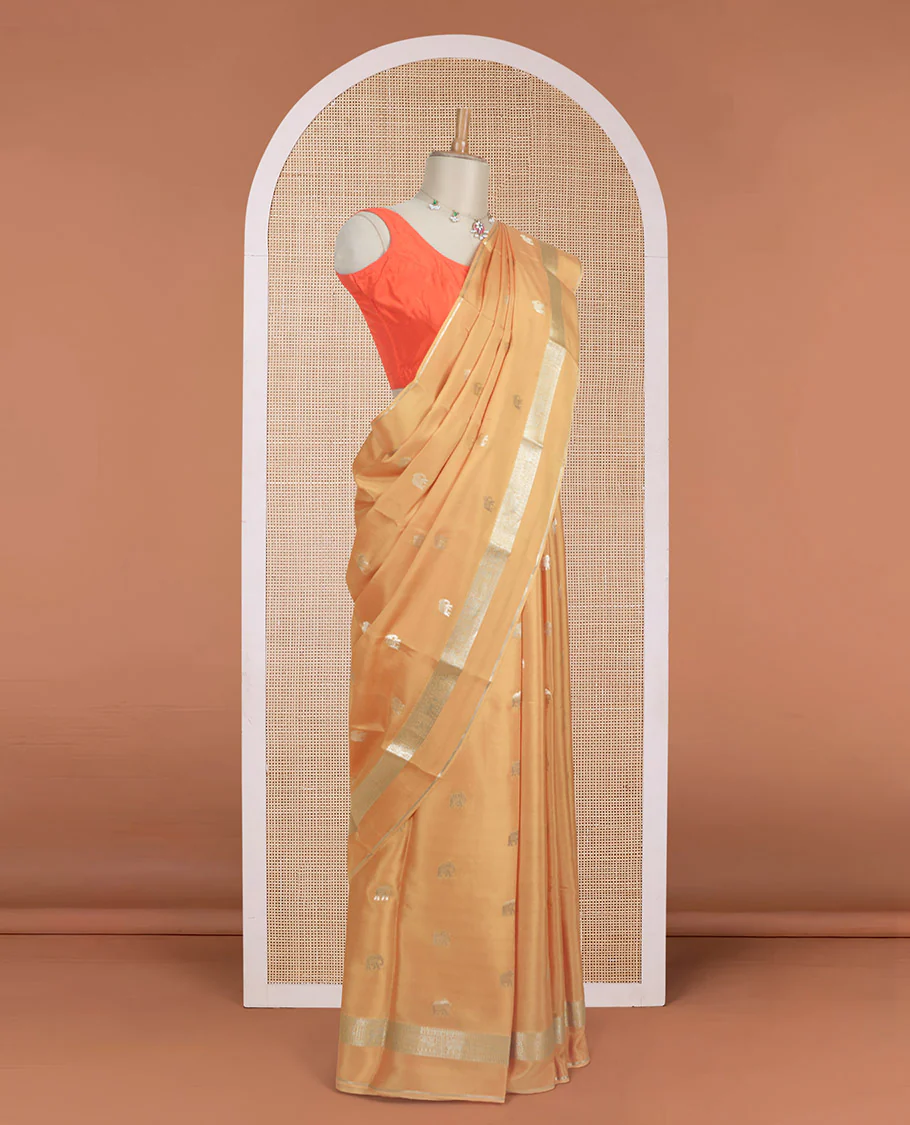 Sandal zari elephant motifs Mysore silk saree, traditional zari design border, and thick zari striped pallu