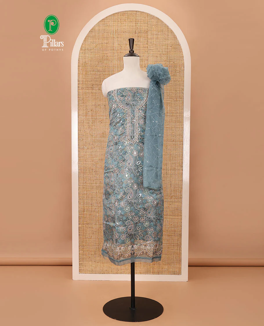 Sapphire green material chudidar set, floral printed & outline mixed embroidery organza top,plain bottom & floral vine sequins embroidery dupatta