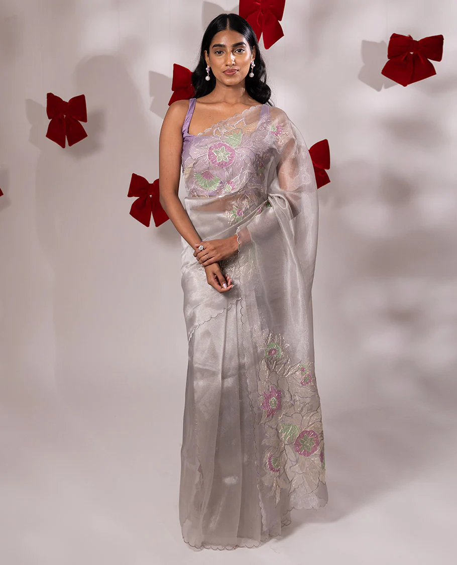 Scintillating grey floral embroidered with golden outlined organza saree, scallop border, and floral embroidered pallu - Image 2