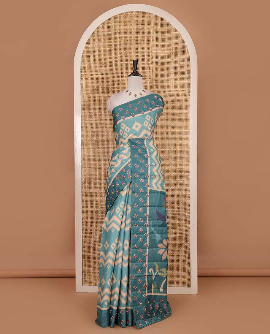 Sea Green pochampally ikkat style geometric printed fancy tussar saree, contrast floral motifs thread embroidered border, ikkat printed pallu, and plain blouse - Image 2