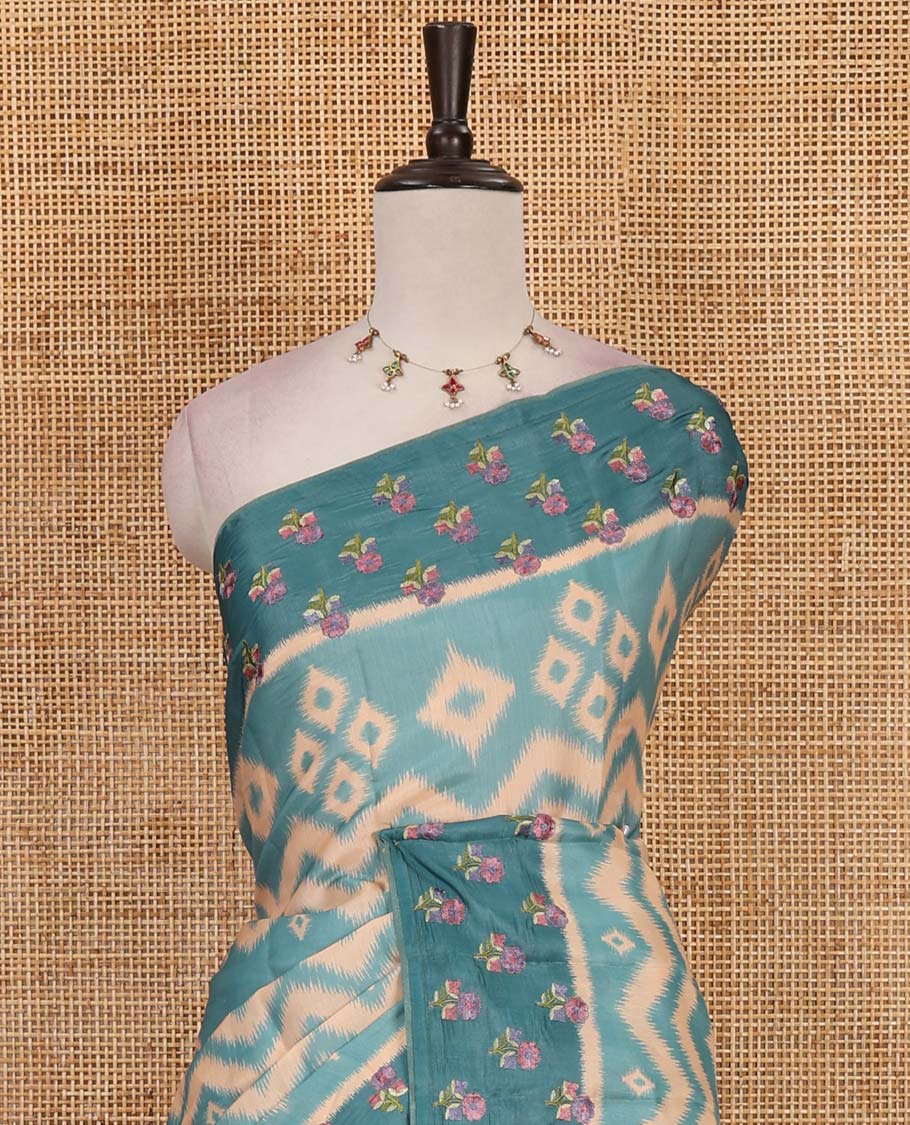 Sea Green pochampally ikkat style geometric printed fancy tussar saree, contrast floral motifs thread embroidered border, ikkat printed pallu, and plain blouse - Image 3