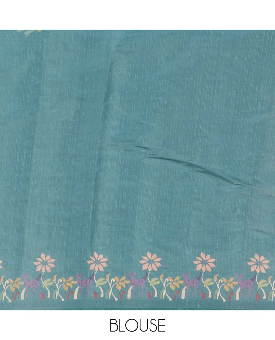 Sea Green pochampally ikkat style geometric printed fancy tussar saree, contrast floral motifs thread embroidered border, ikkat printed pallu, and plain blouse - Image 4