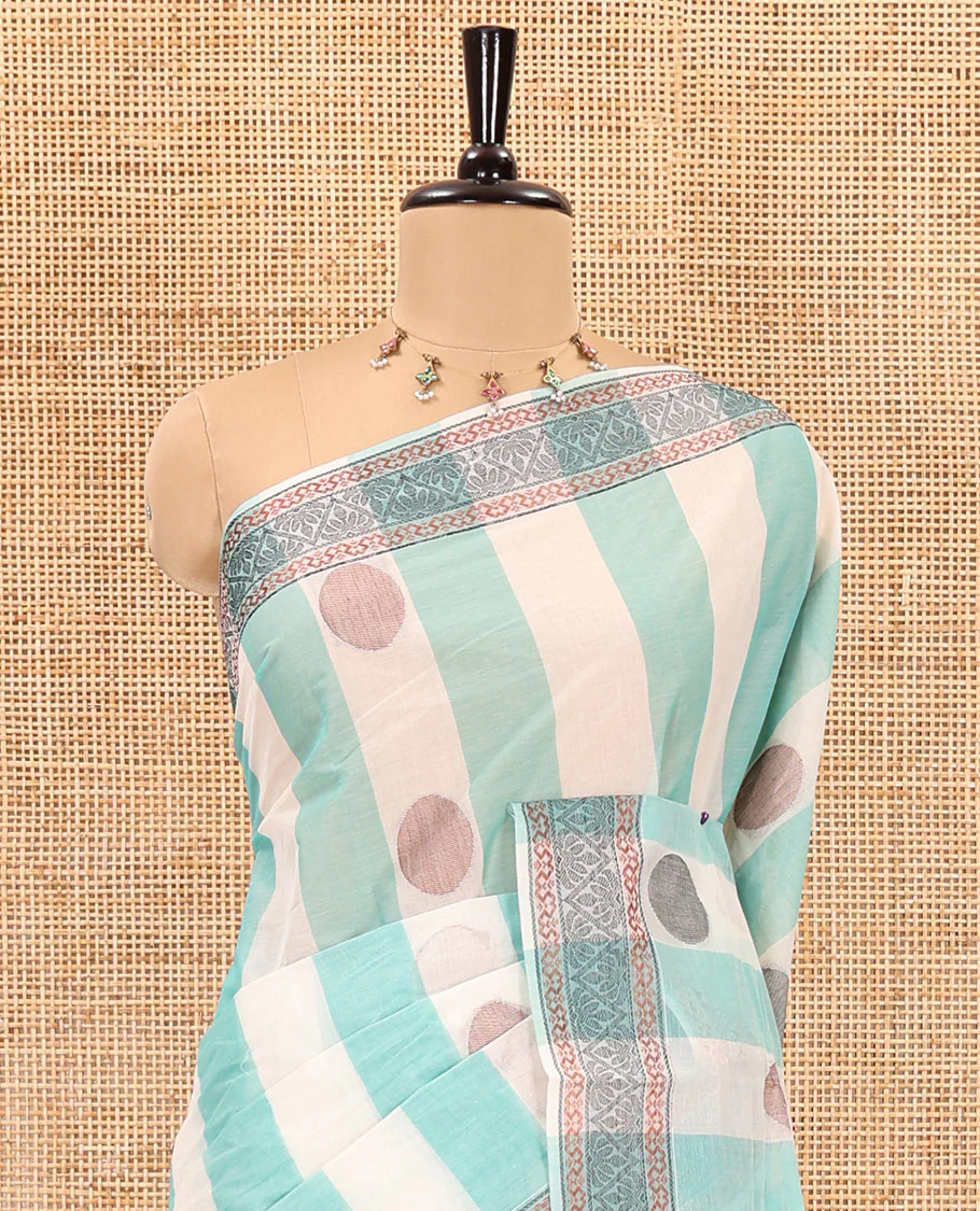 Sea green striped and polka thread dotted woven nagama cotton saree , traditional thread border, pallu of floral and leaf design, and plain blouse - Image 3