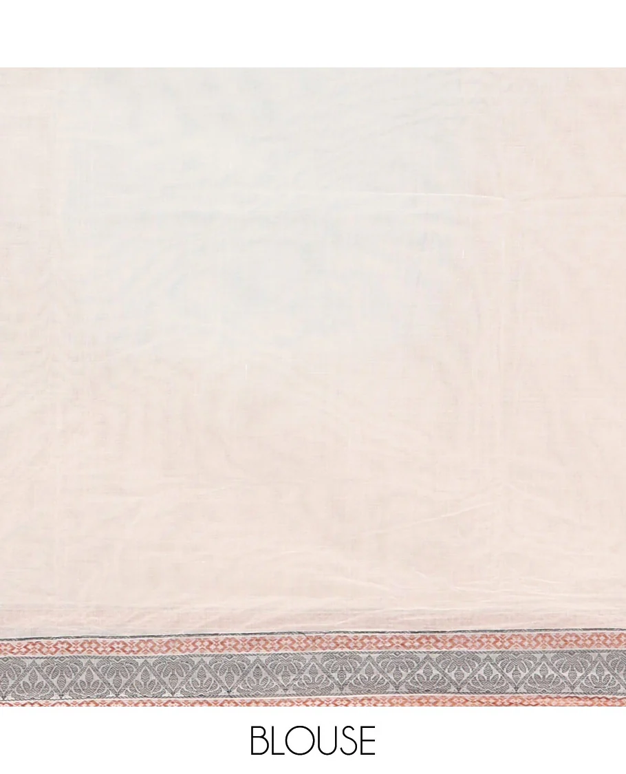 Sea green striped and polka thread dotted woven nagama cotton saree , traditional thread border, pallu of floral and leaf design, and plain blouse - Image 4