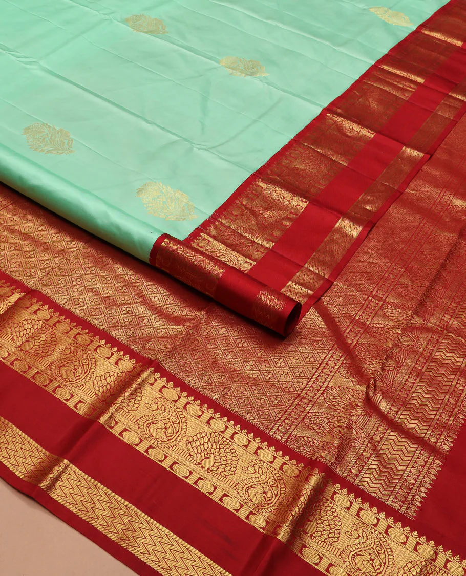 Sea green zari buttas Vasundhara silk saree, contrast korvai rettai pettu border of thilakam, mayil kann, rudraksham, and vanki designs, and jaal pallu - Image 2