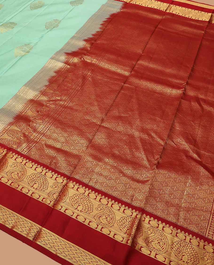 Sea green zari buttas Vasundhara silk saree, contrast korvai rettai pettu border of thilakam, mayil kann, rudraksham, and vanki designs, and jaal pallu - Image 5