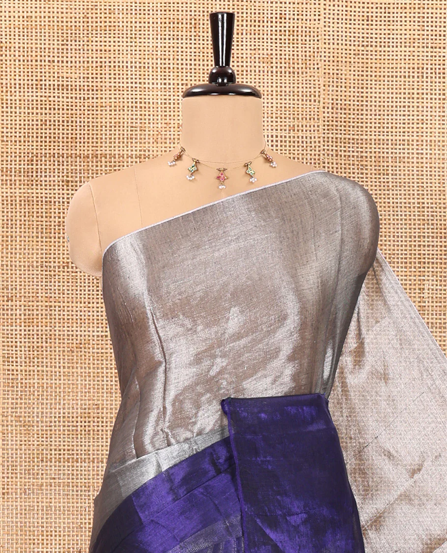 Silver and violet half-and-half plain khadi tissue saree with a self-pallu and a matching blouse - Image 2