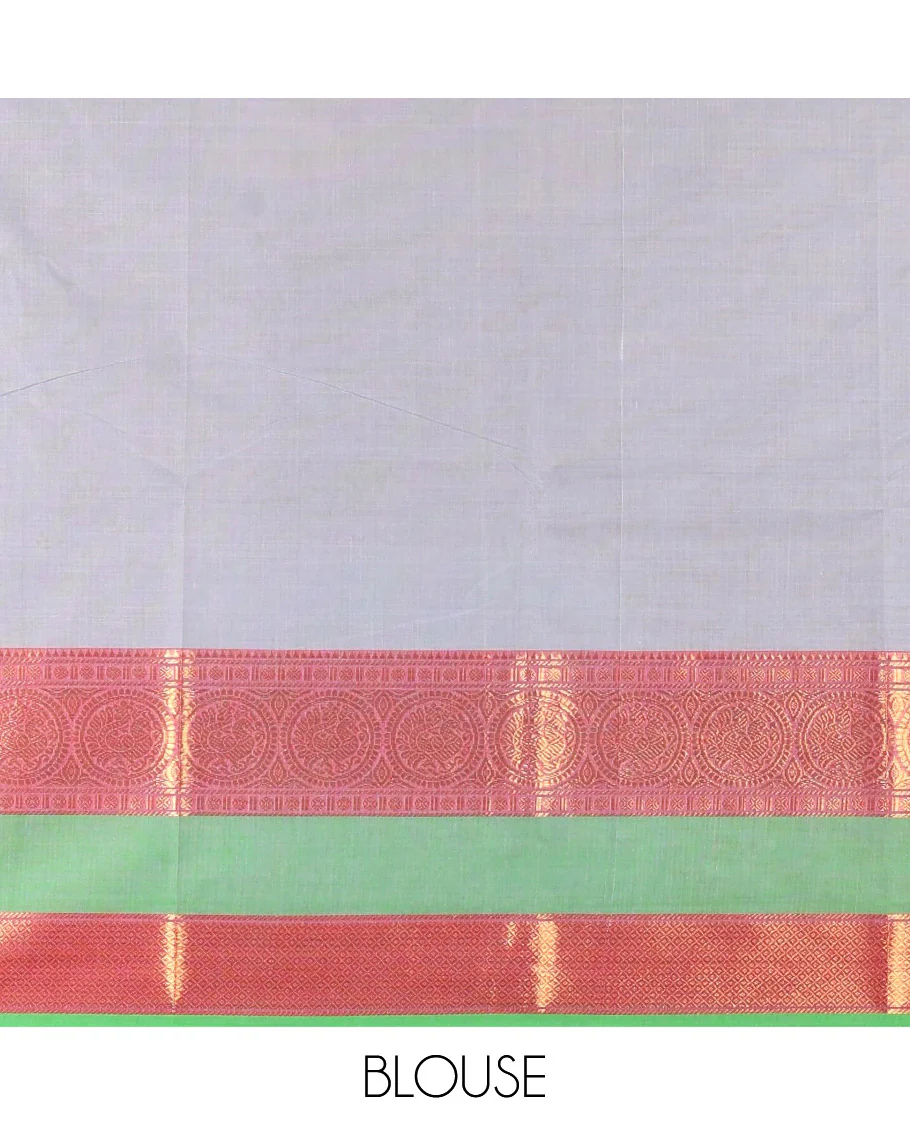 Silver grey plain Chettinad cotton saree, contrast traditional zari rettai pettu border, striped pallu, and a matching blouse - Image 3