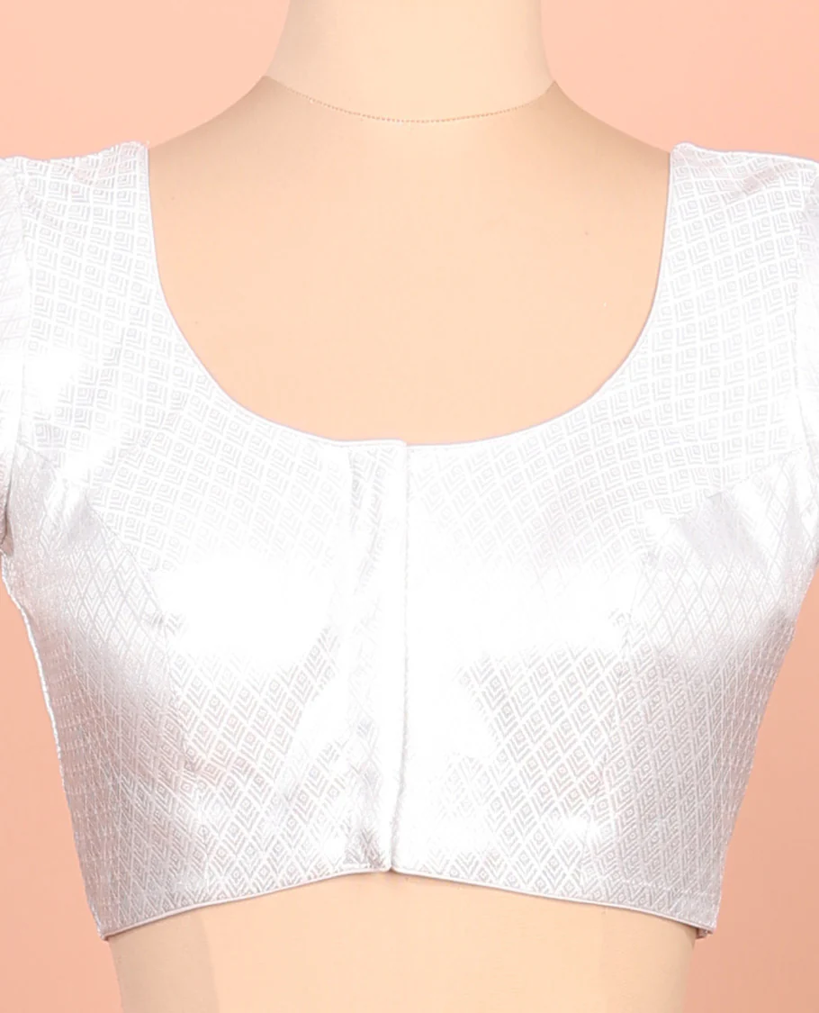 Silver jaal patterned front-back round neck elbow-sleeve readymade blouse - Image 3