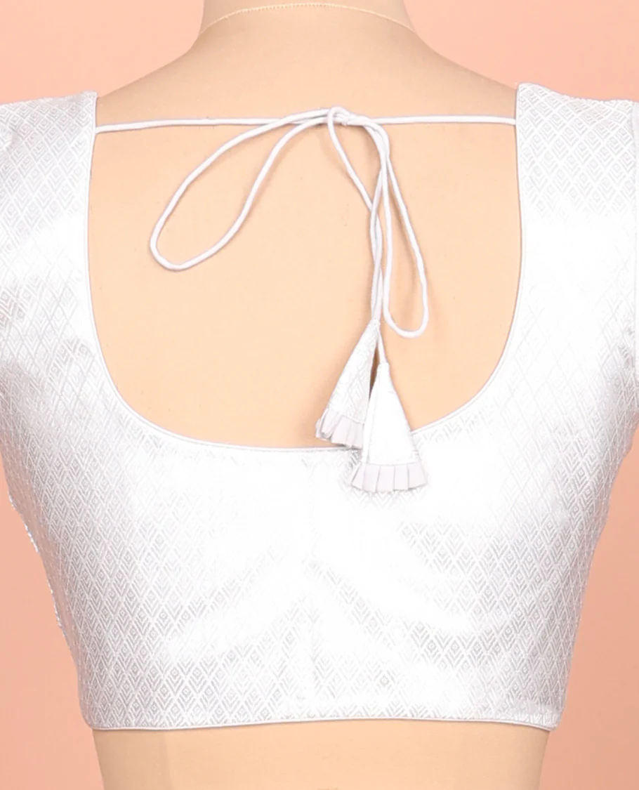 Silver jaal patterned front-back round neck elbow-sleeve readymade blouse - Image 4
