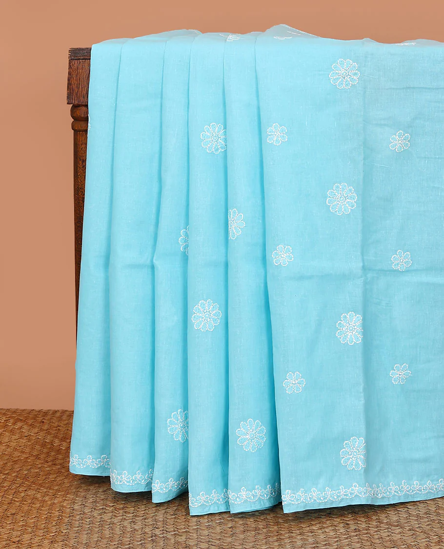 Sky blue floral thread embroidered buttas Lucknowi chikankari saree, thread embroidered border, and floral embroidered pallu