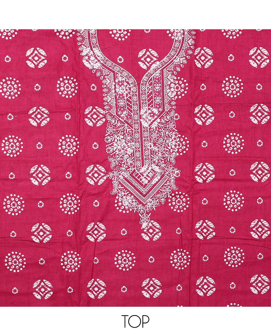 Pink material churidar set, batik printed with neck embroidered cotton top, plain cotton bottom, and shibori printed chiffon dupatta - Image 2